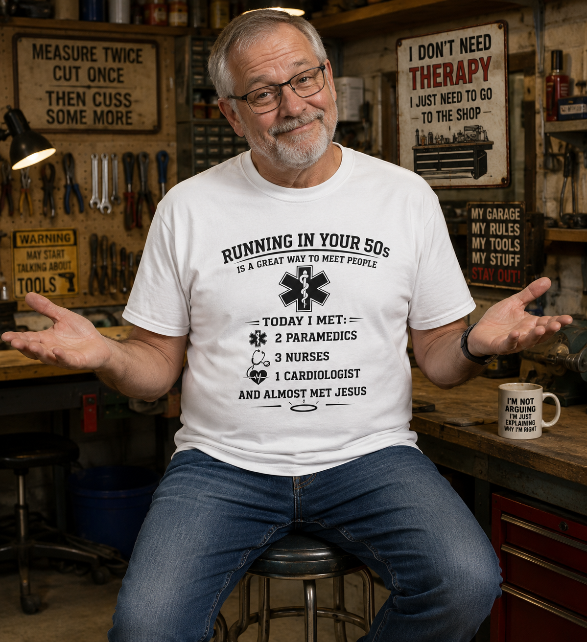 Running in Your 50s Funny Running T-Shirt – "Almost Met Jesus" Tee