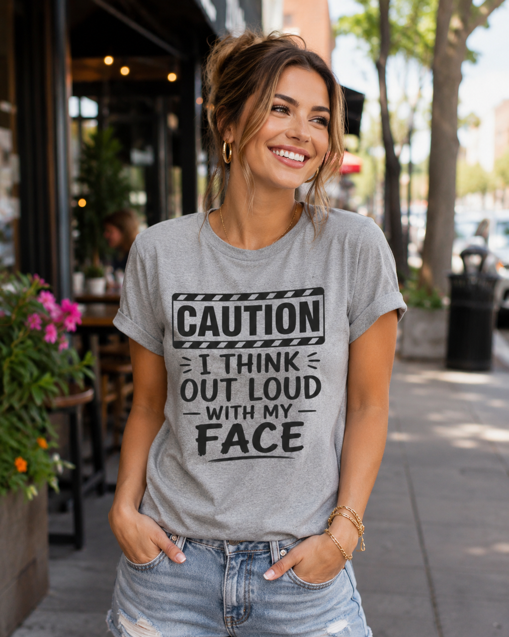 Caution I Think Out Loud With My Face Funny Graphic T-Shirt | Sarcastic Humor Tee | Introvert Shirt | Snarky Gift