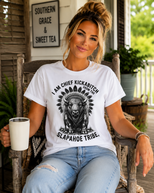 I Am Chief Kickabitch From the Slapahoe Tribe Funny T-Shirt | Sarcastic Buffalo Graphic Tee | Adult Humor Shirt | Funny Gift