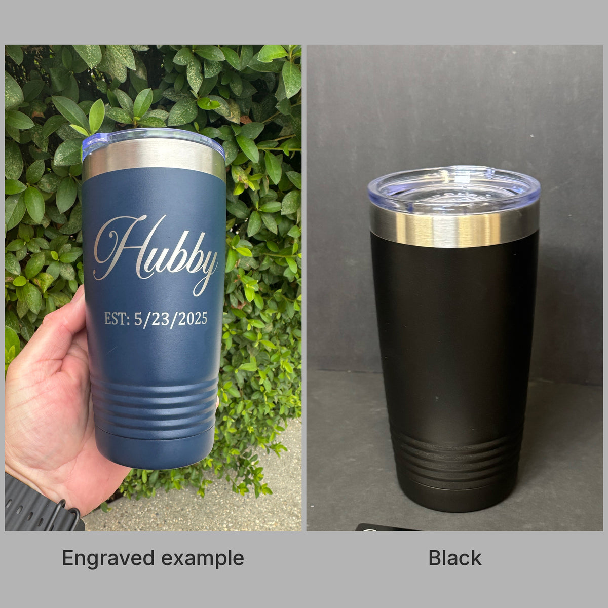 Black 20oz Polar Camel tumbler with a real engraved example, ready for custom laser engraving