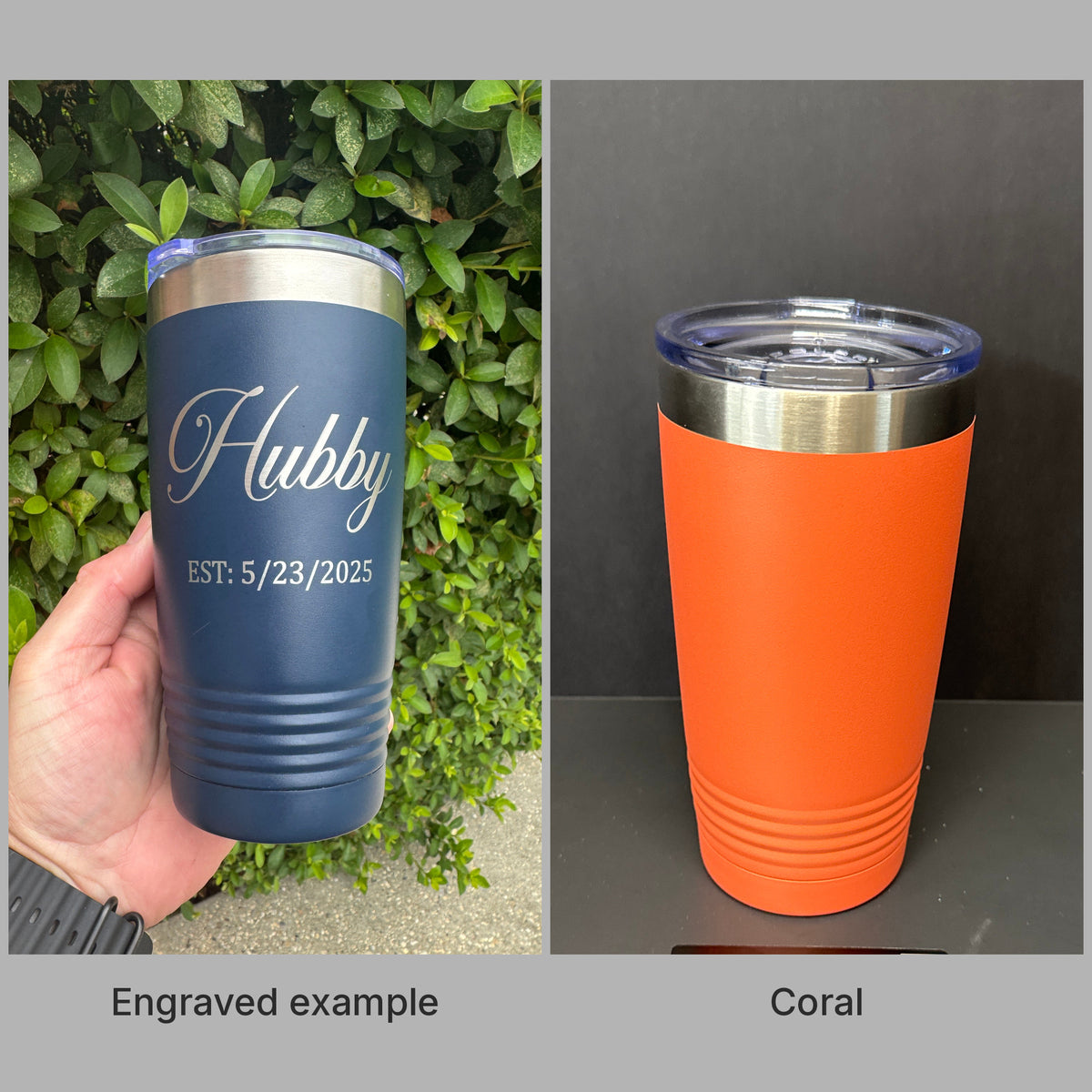 Coral 20oz Polar Camel tumbler with a real engraved example, ready for custom laser engraving