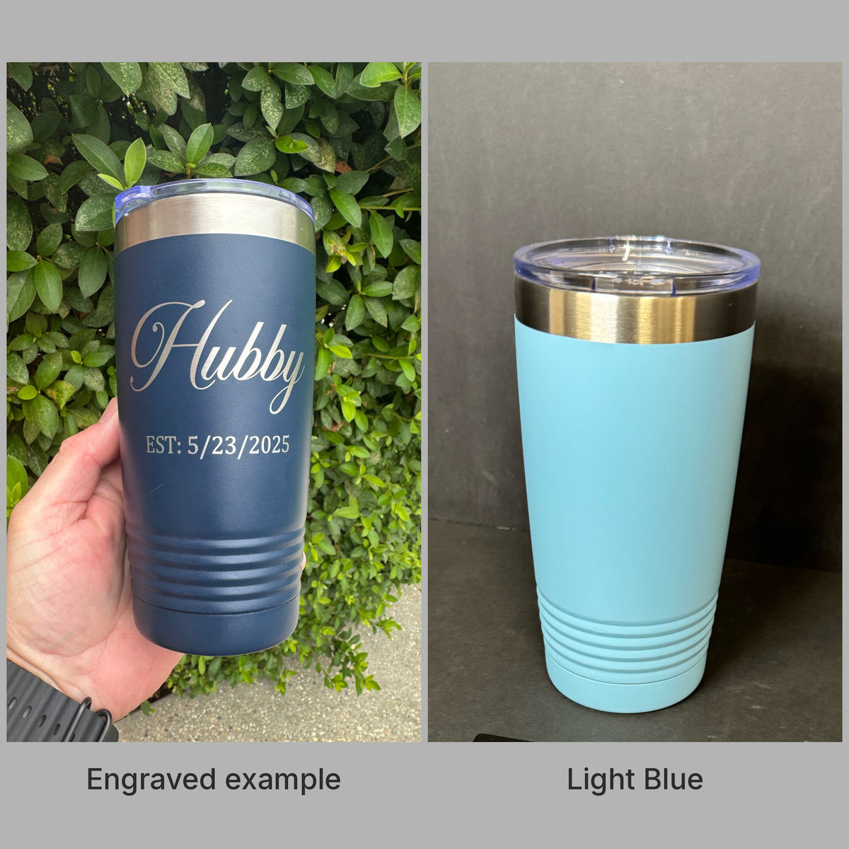 Light Blue 20oz Polar Camel tumbler with a real engraved example, ready for custom laser engraving