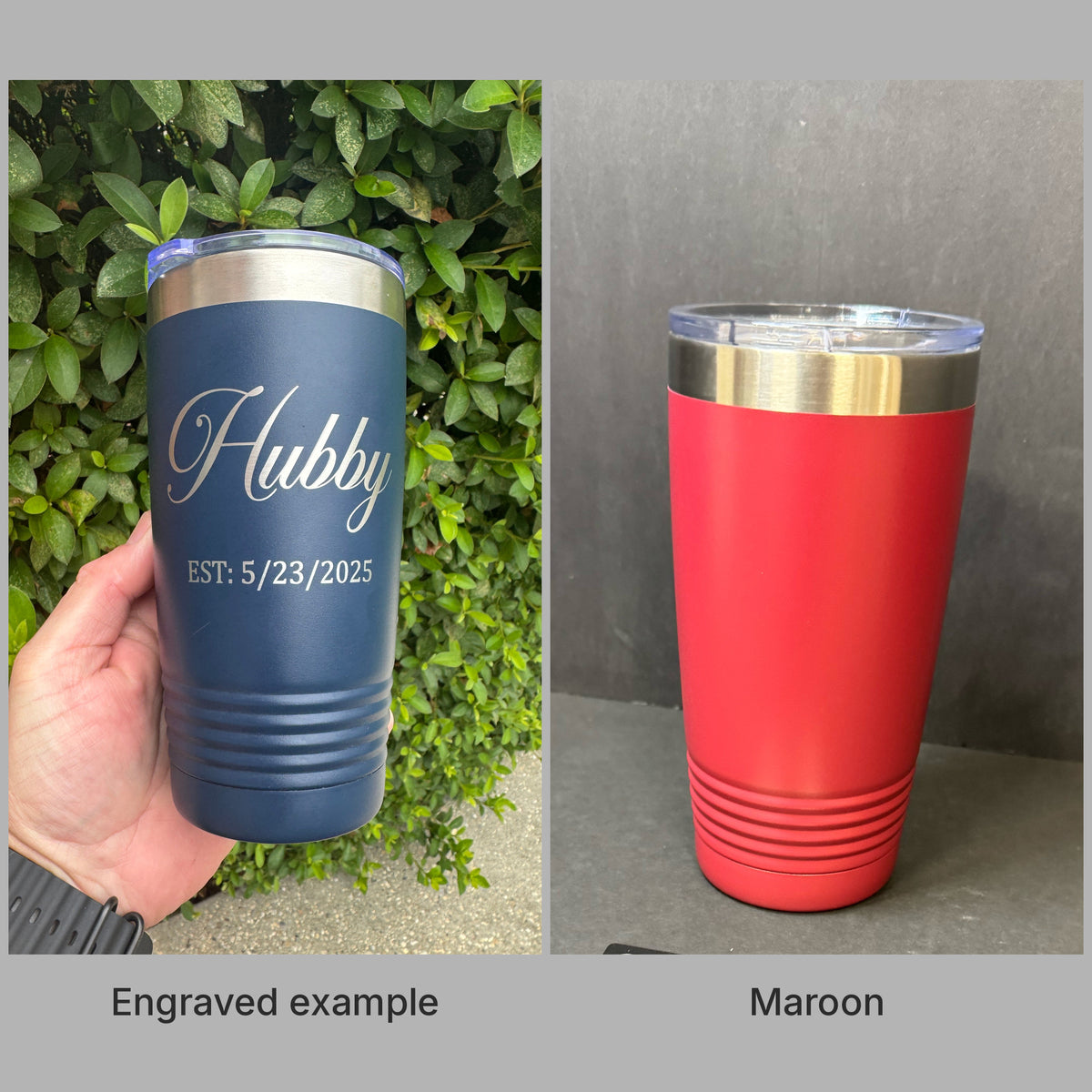 Maroon 20oz Polar Camel tumbler with a real engraved example, ready for custom laser engraving