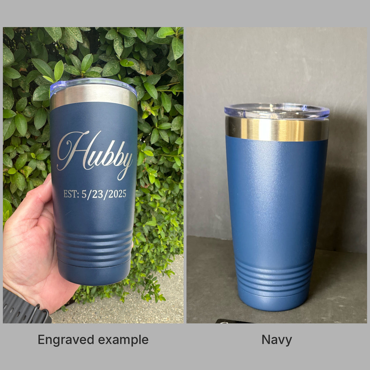 Navy 20oz Polar Camel tumbler with a real engraved example, ready for custom laser engraving