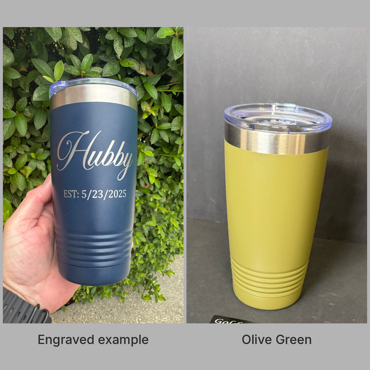Olive Green 20oz Polar Camel tumbler with a real engraved example, ready for custom laser engraving