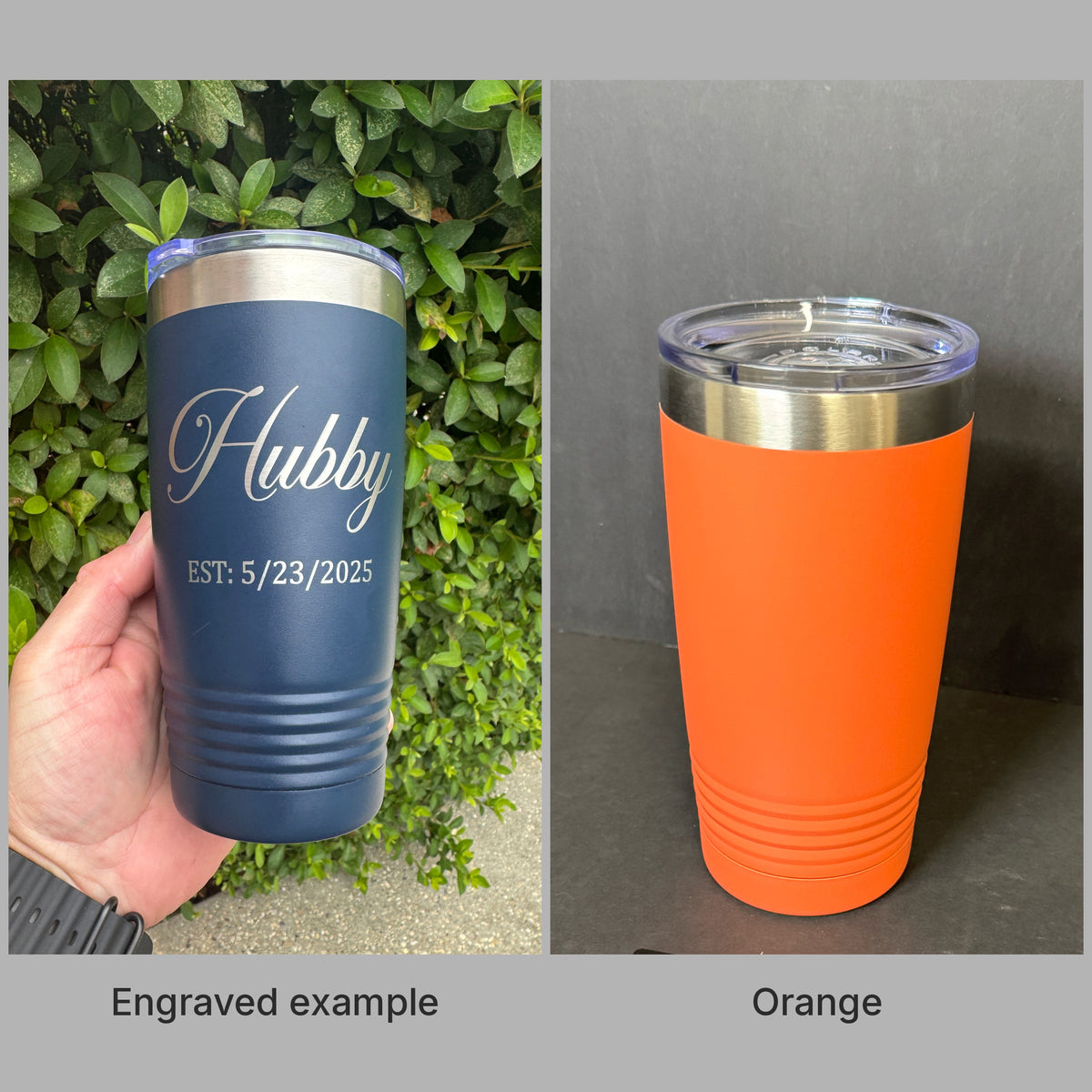 Orange 20oz Polar Camel tumbler with a real engraved example, ready for custom laser engraving