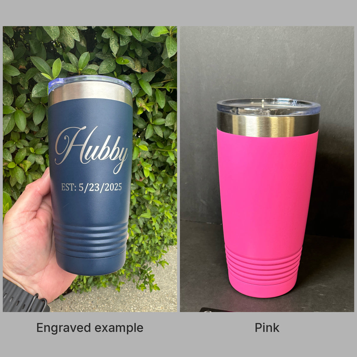 Pink 20oz Polar Camel tumbler with a real engraved example, ready for custom laser engraving