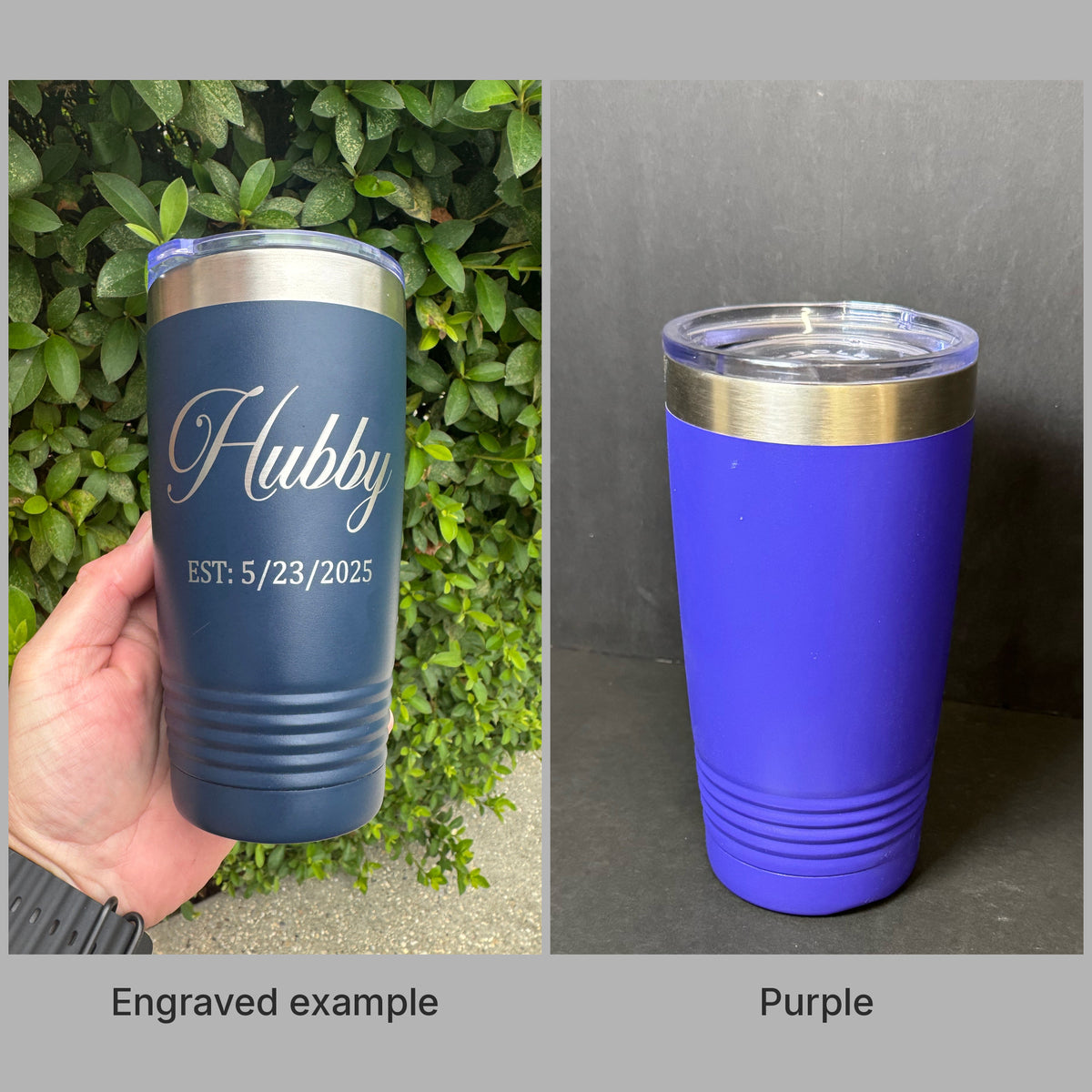 Purple 20oz Polar Camel tumbler with a real engraved example, ready for custom laser engraving