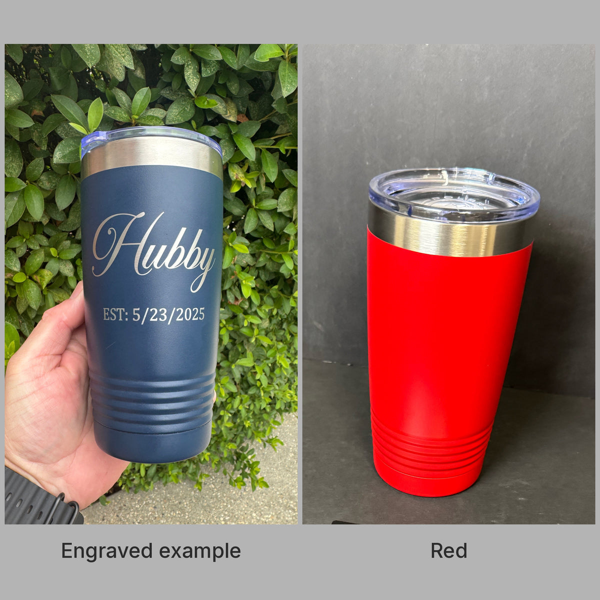 Red 20oz Polar Camel tumbler with a real engraved example, ready for custom laser engraving