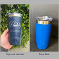 Blue 20oz Polar Camel tumbler with a real engraved example, ready for custom laser engraving