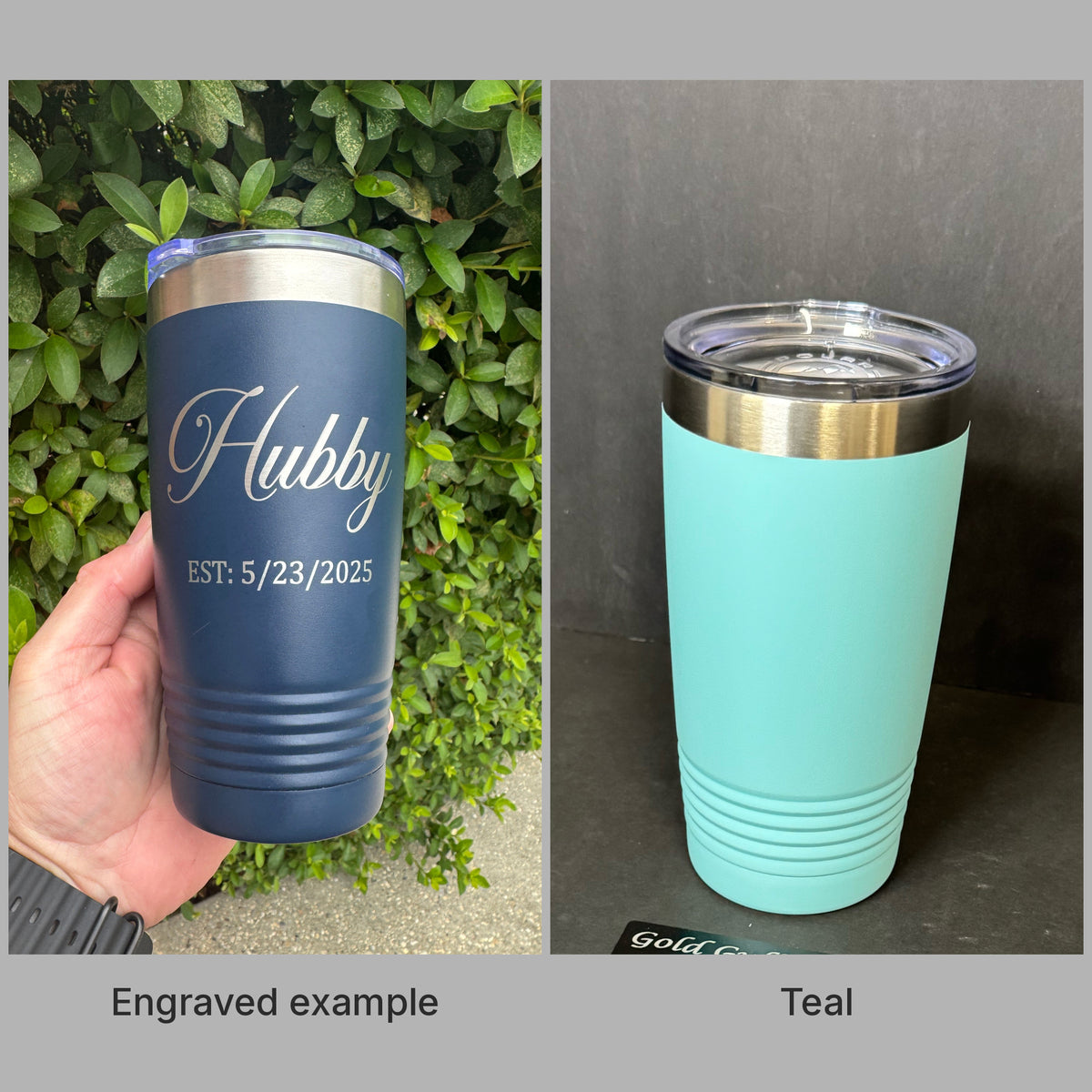 Teal 20oz Polar Camel tumbler with a real engraved example, ready for custom laser engraving