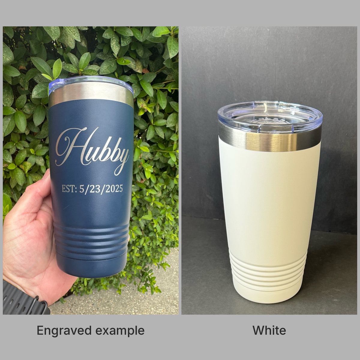 White 20oz Polar Camel tumbler with a real engraved example, ready for custom laser engraving