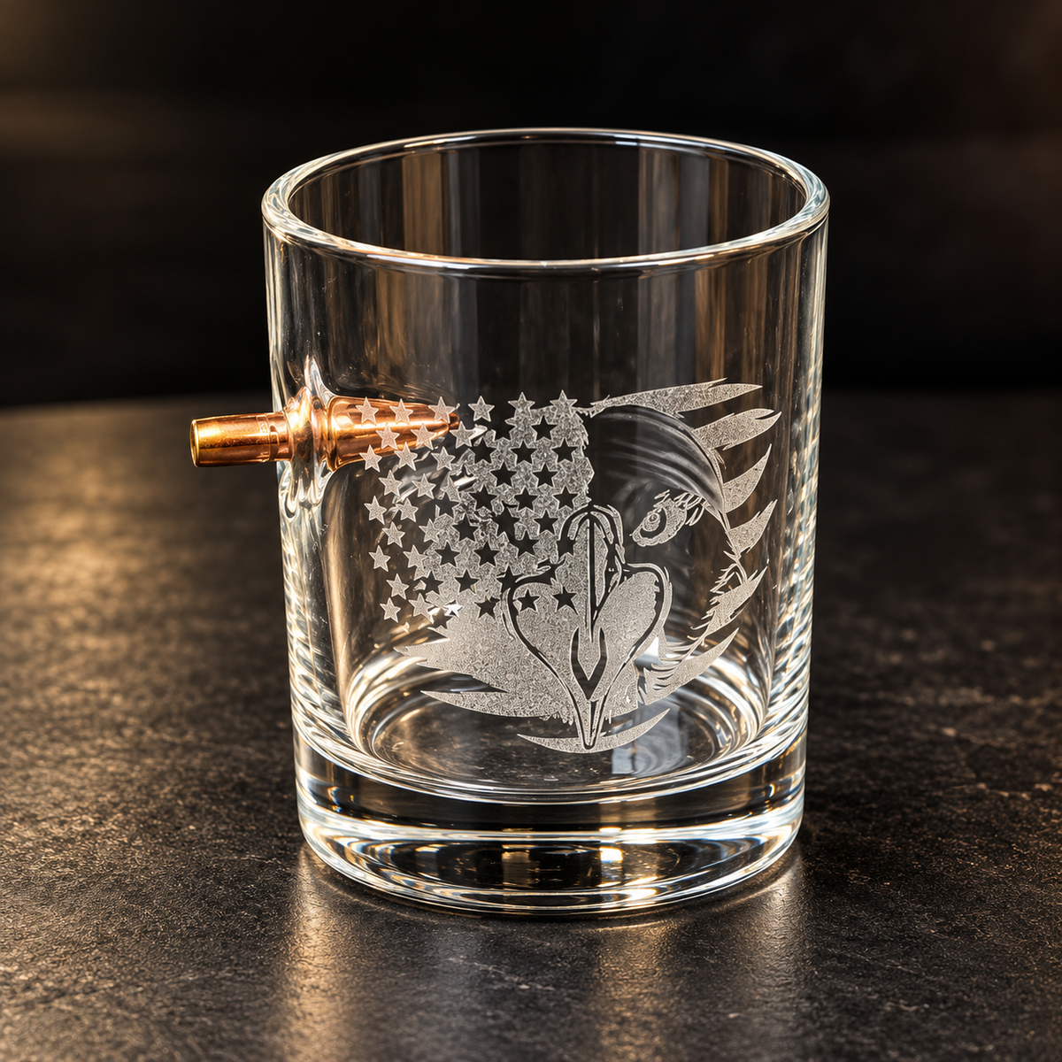 Custom engraved hand-blown 10.5 oz whiskey glass with embedded .308 bullet