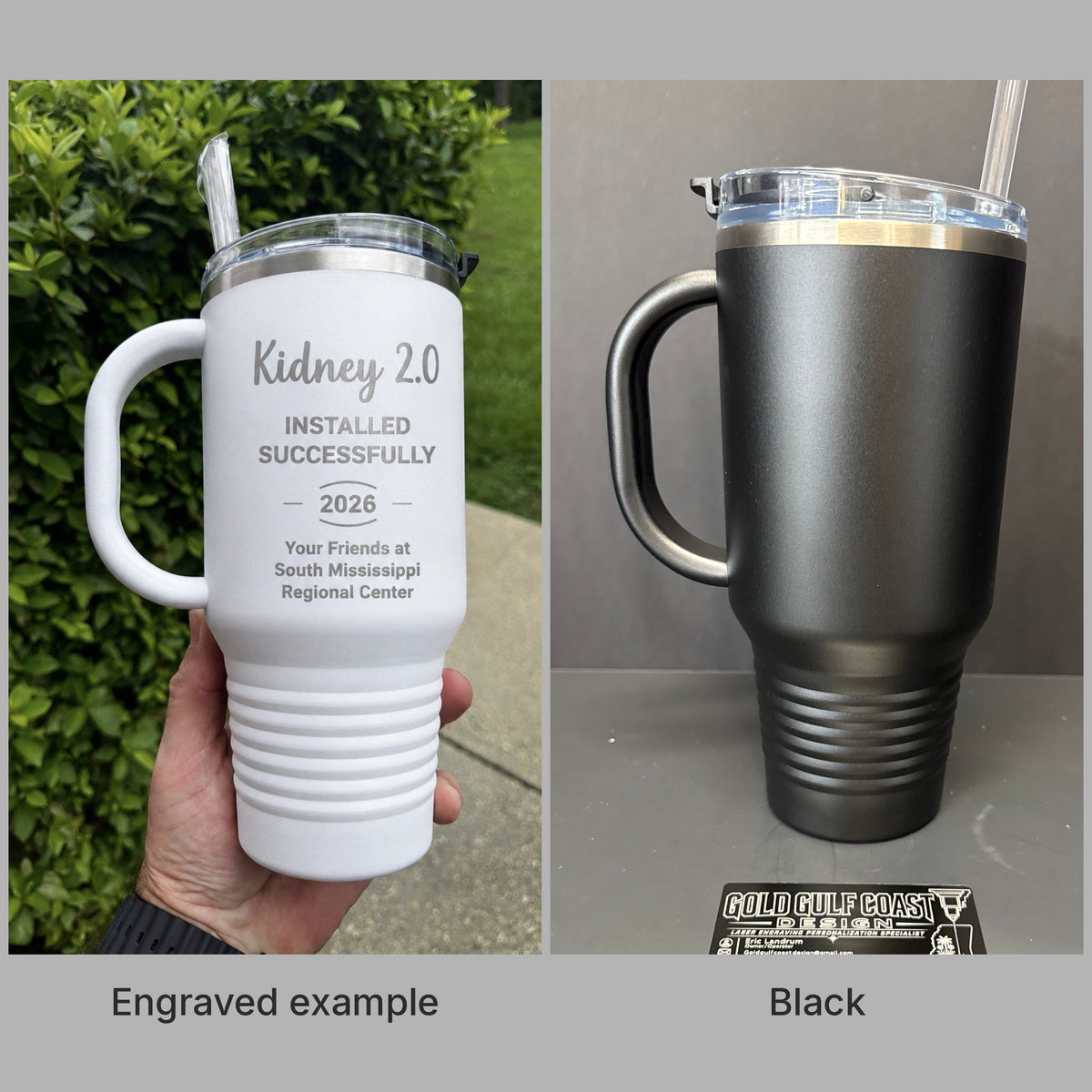 Black 32oz Polar Camel travel mug with handle and a real engraved example, ready for custom laser engraving
