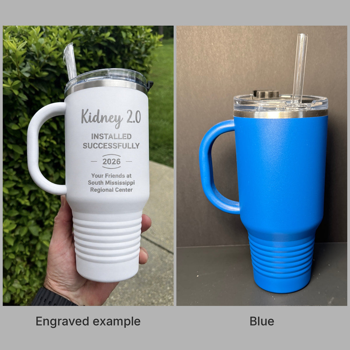 Blue 32oz Polar Camel travel mug with handle and a real engraved example, ready for custom laser engraving