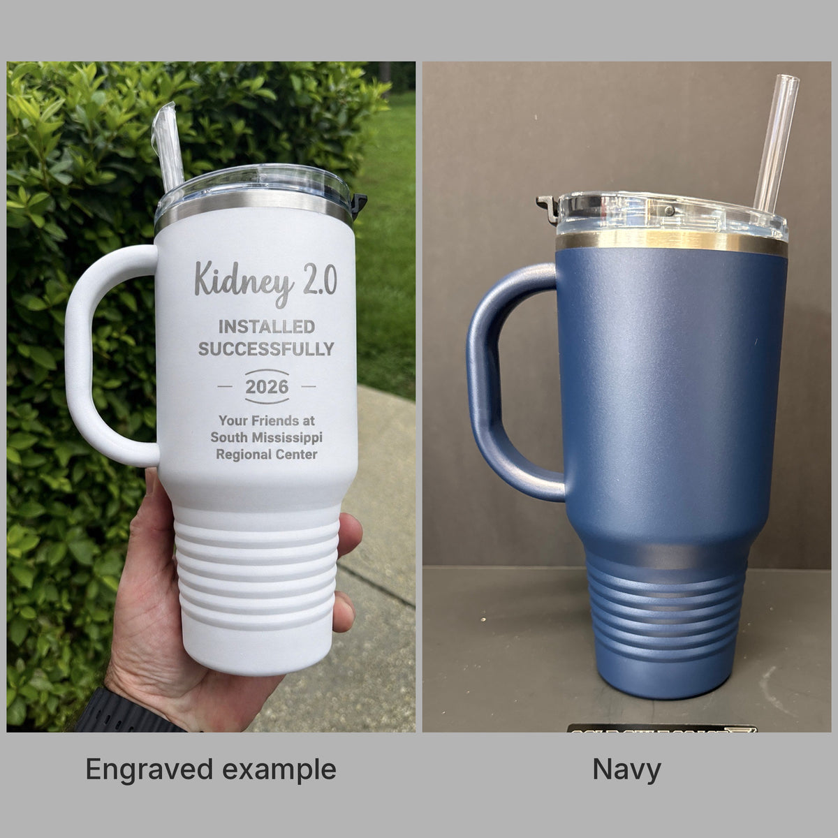 Navy 32oz Polar Camel travel mug with handle and a real engraved example, ready for custom laser engraving