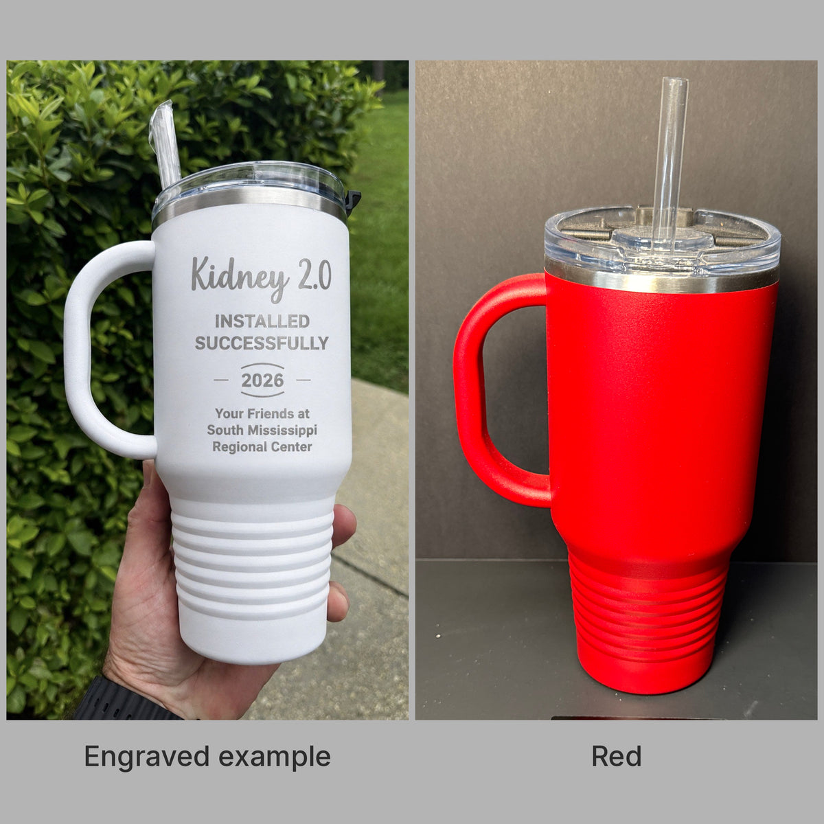 Red 32oz Polar Camel travel mug with handle and a real engraved example, ready for custom laser engraving