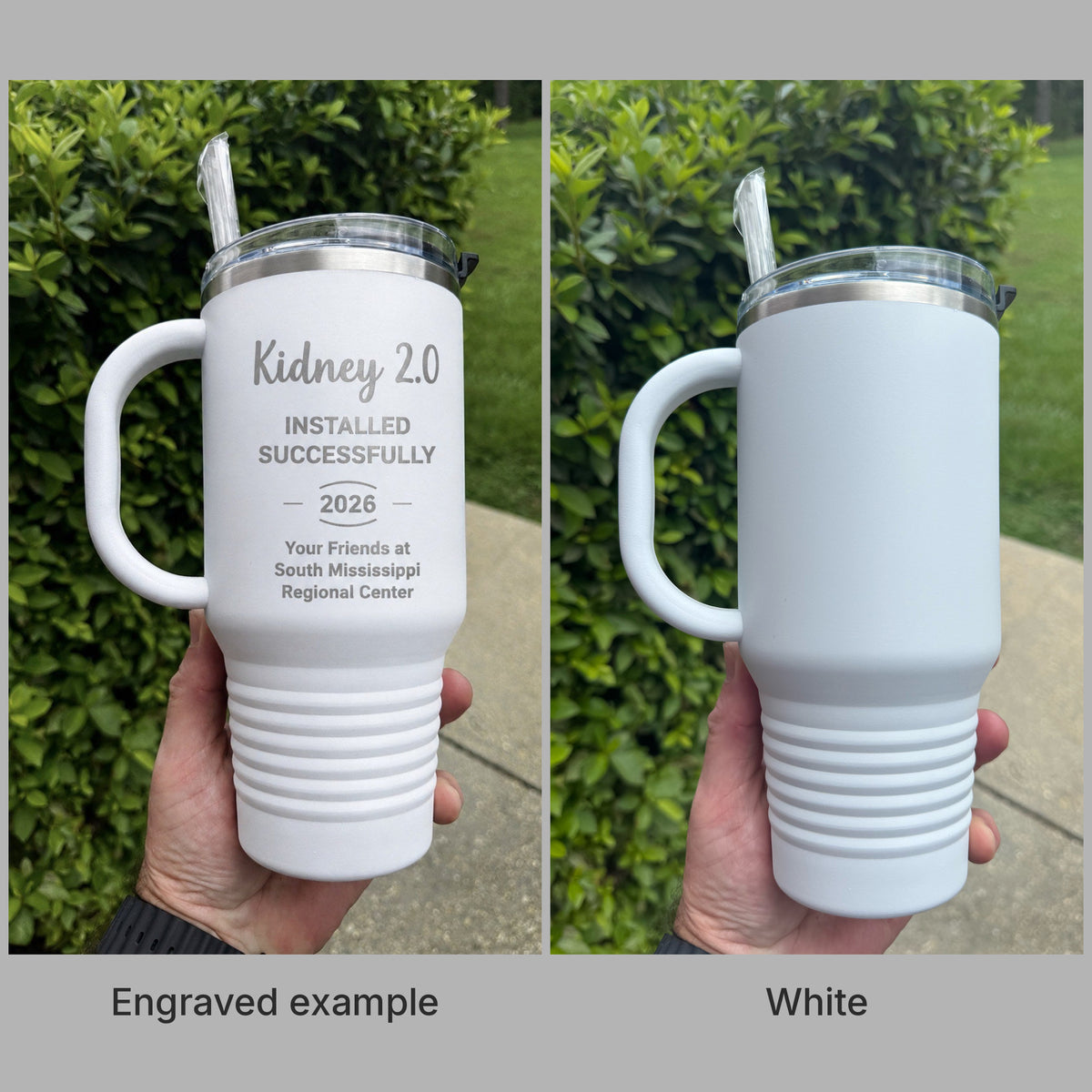 White 32oz Polar Camel travel mug with handle and a real engraved example, ready for custom laser engraving