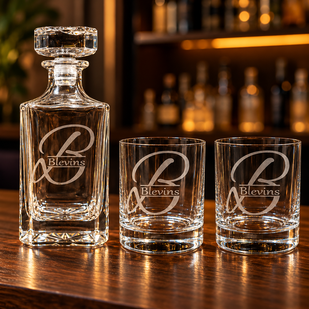 Custom engraved 750 ml glass decanter set with personalized engraved whiskey glasses
