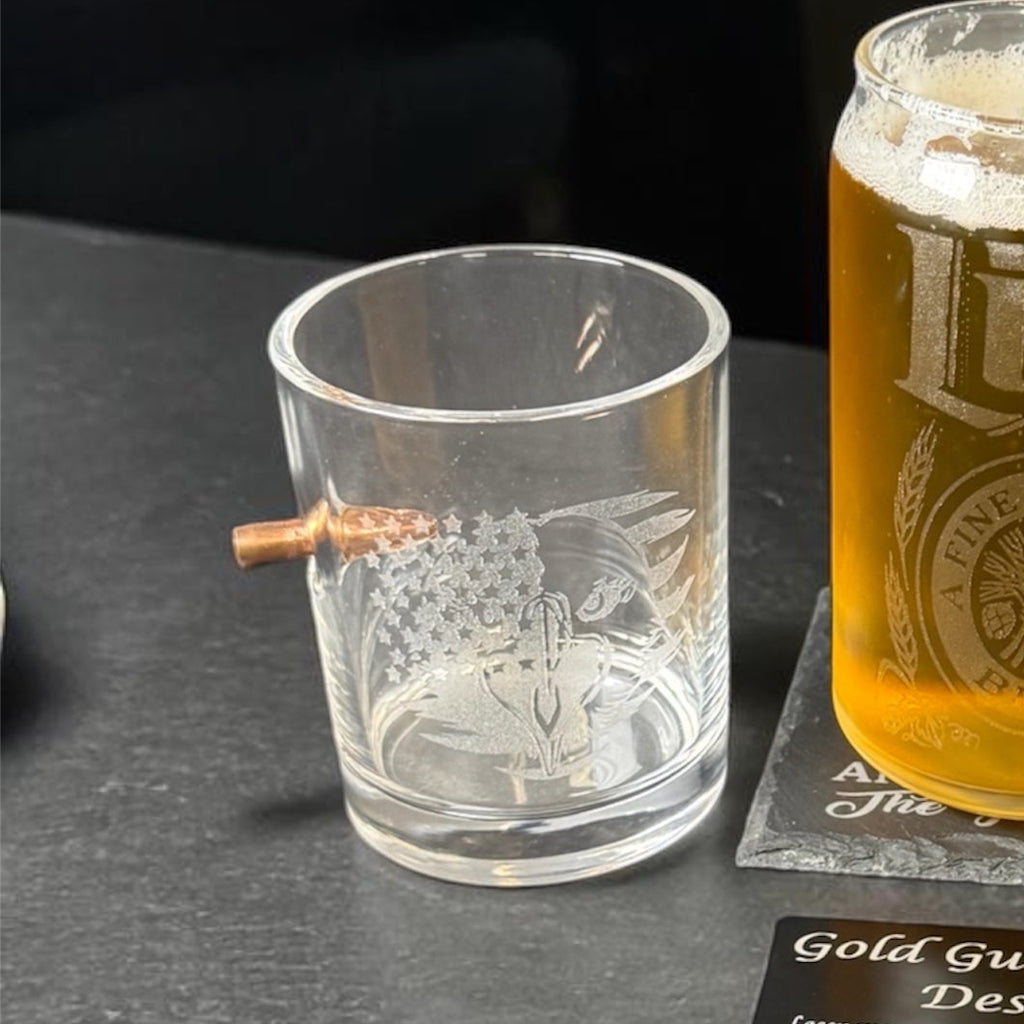 .308 Bullet Hand blown 10.5 oz whiskey glass custom engraved