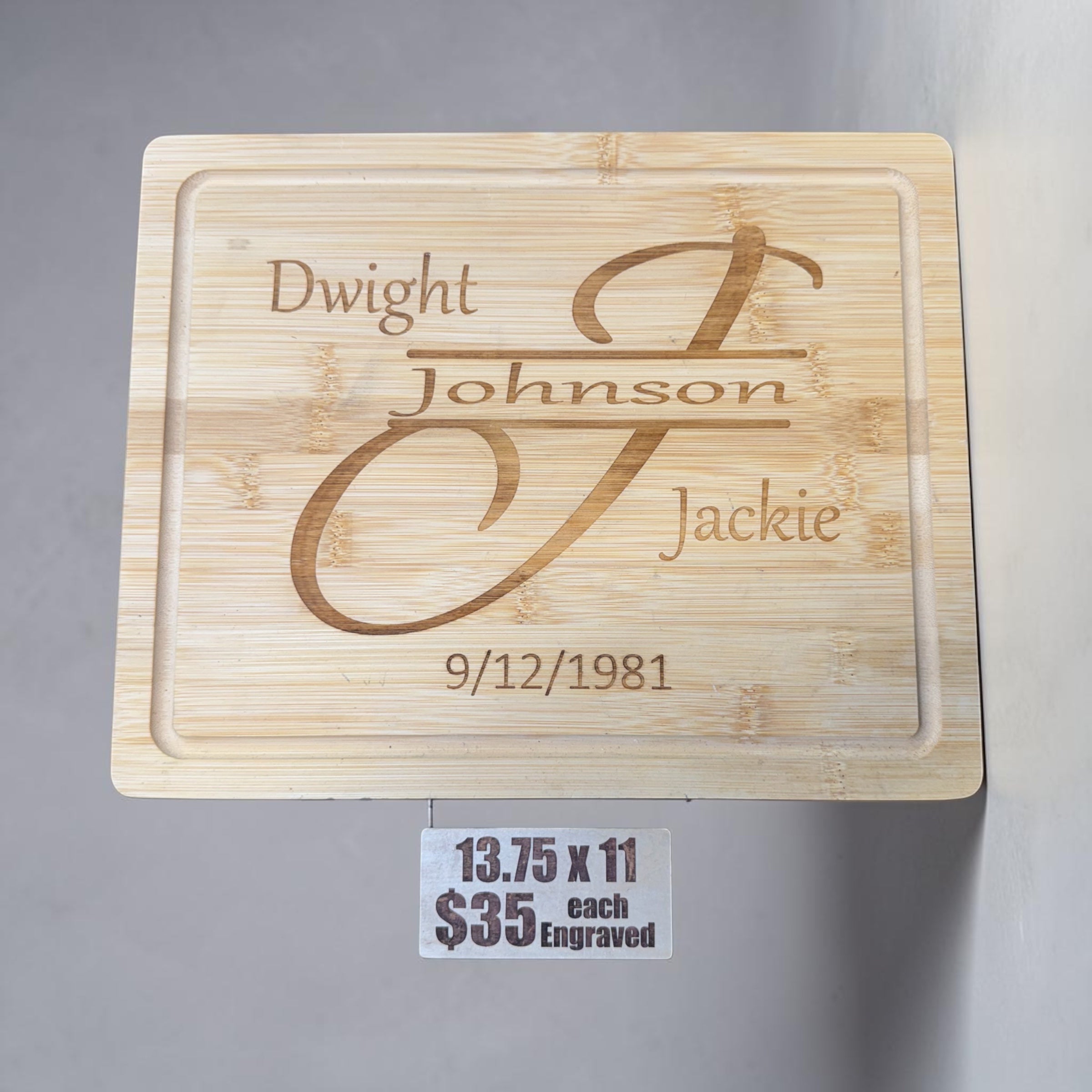 Personalized Bamboo Cutting Board with Drip Edge – 13.75" x 11"