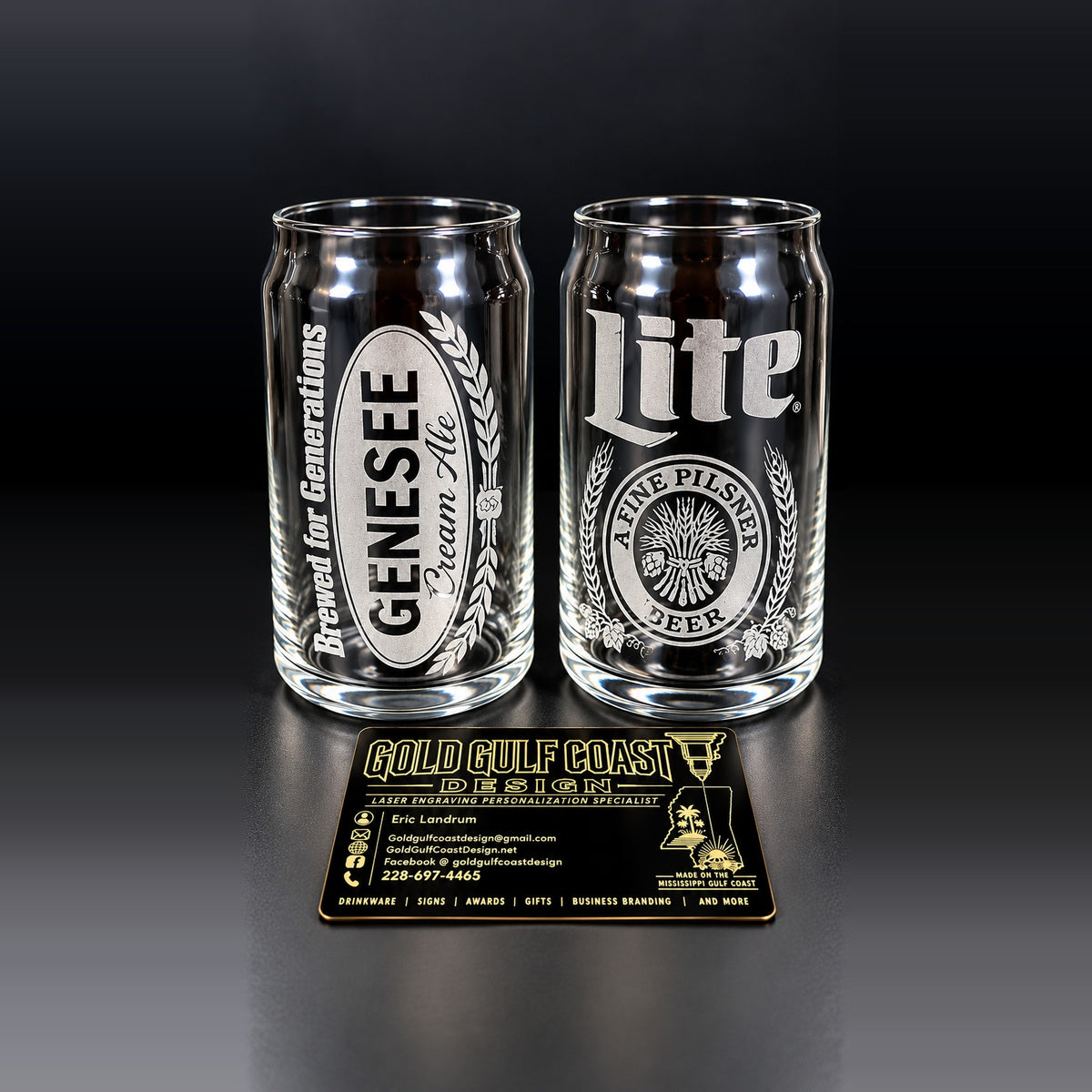 Two laser-engraved 16 oz beer can glasses with a GGCD business card