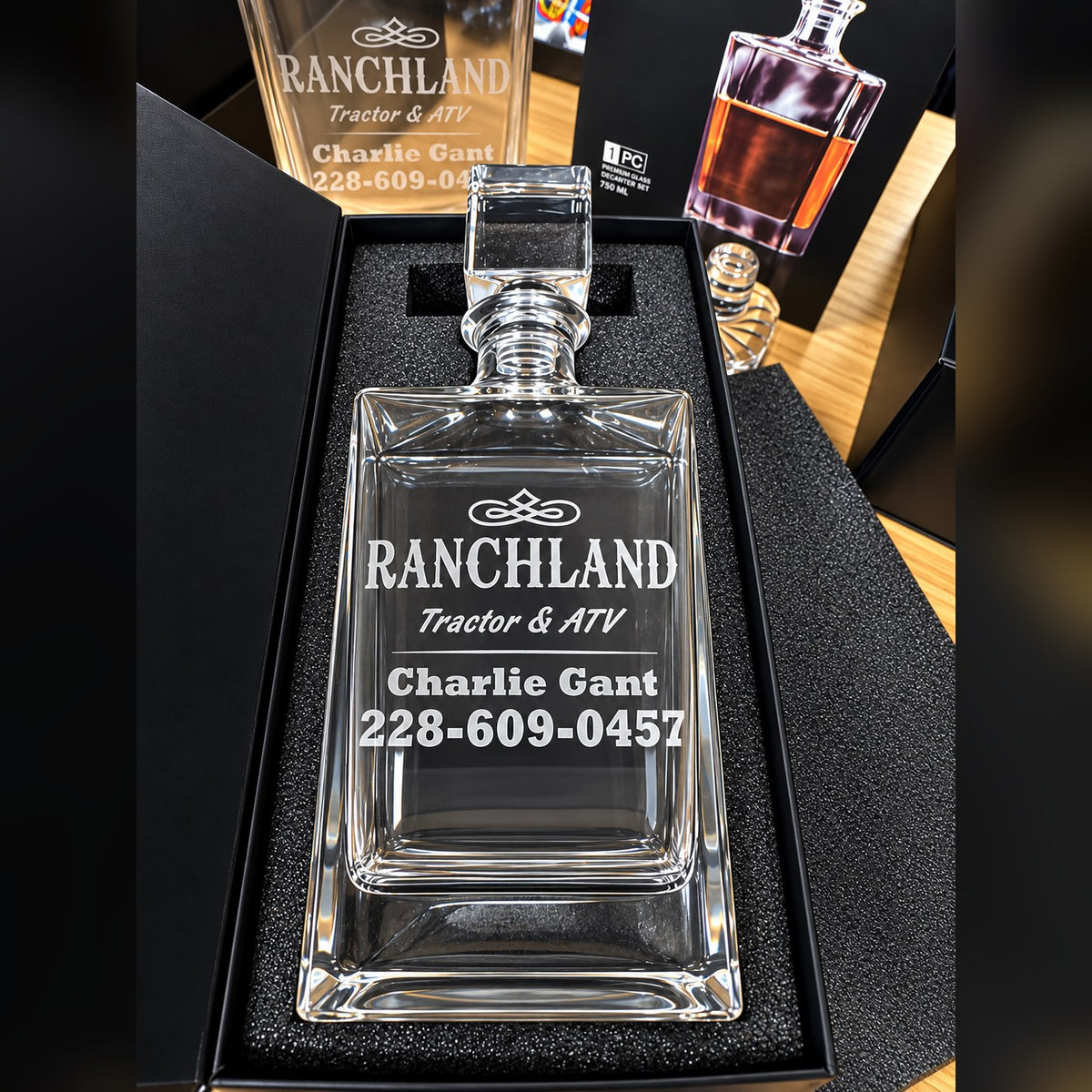 Custom laser engraved 810 ml glass decanter with business logo in black gift box