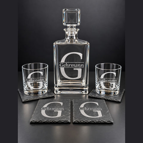 Custom engraved 810ML decanter gift set with rocks glasses and slate coasters