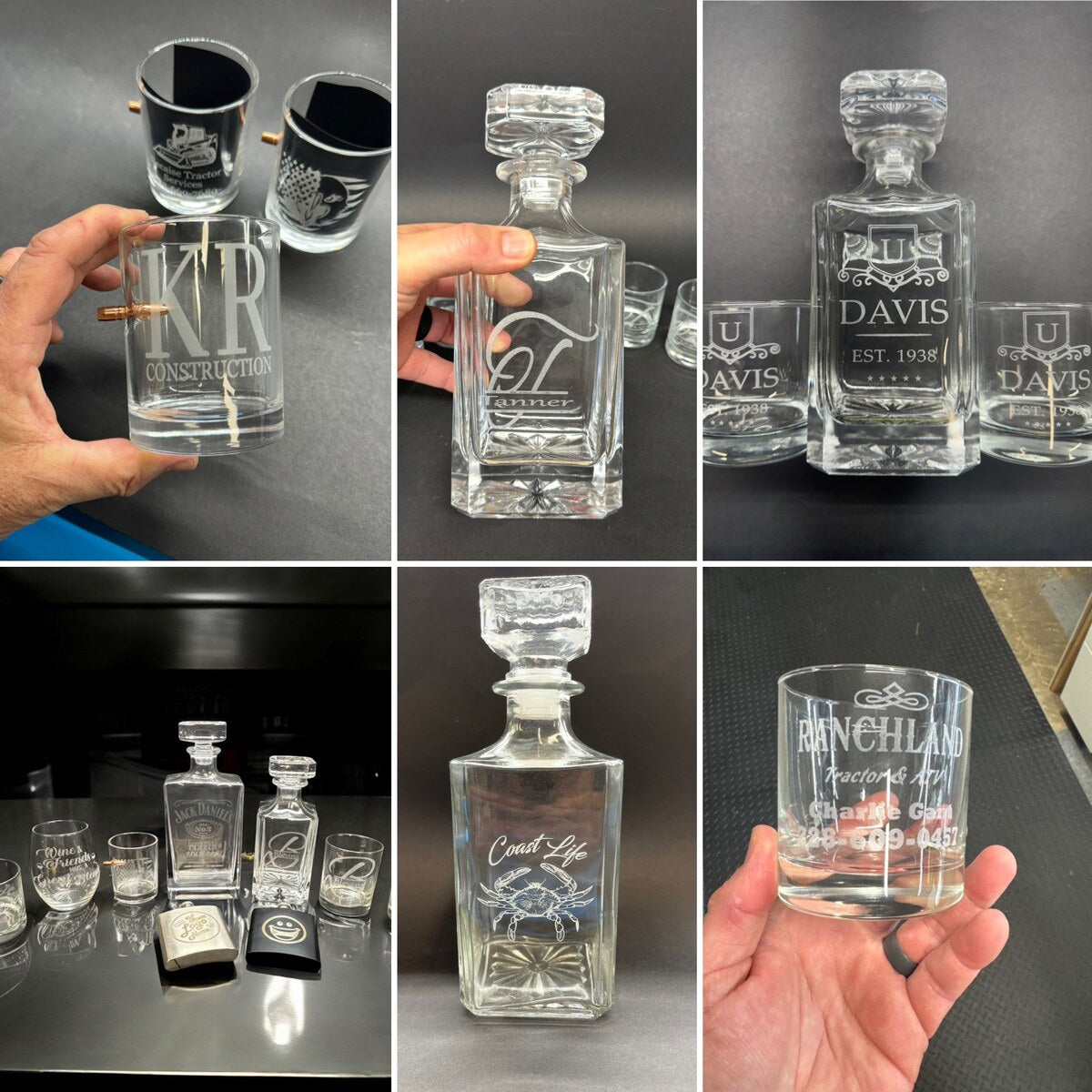 Custom engraved whiskey glasses, decanters, and glassware by Gold Gulf Coast Design