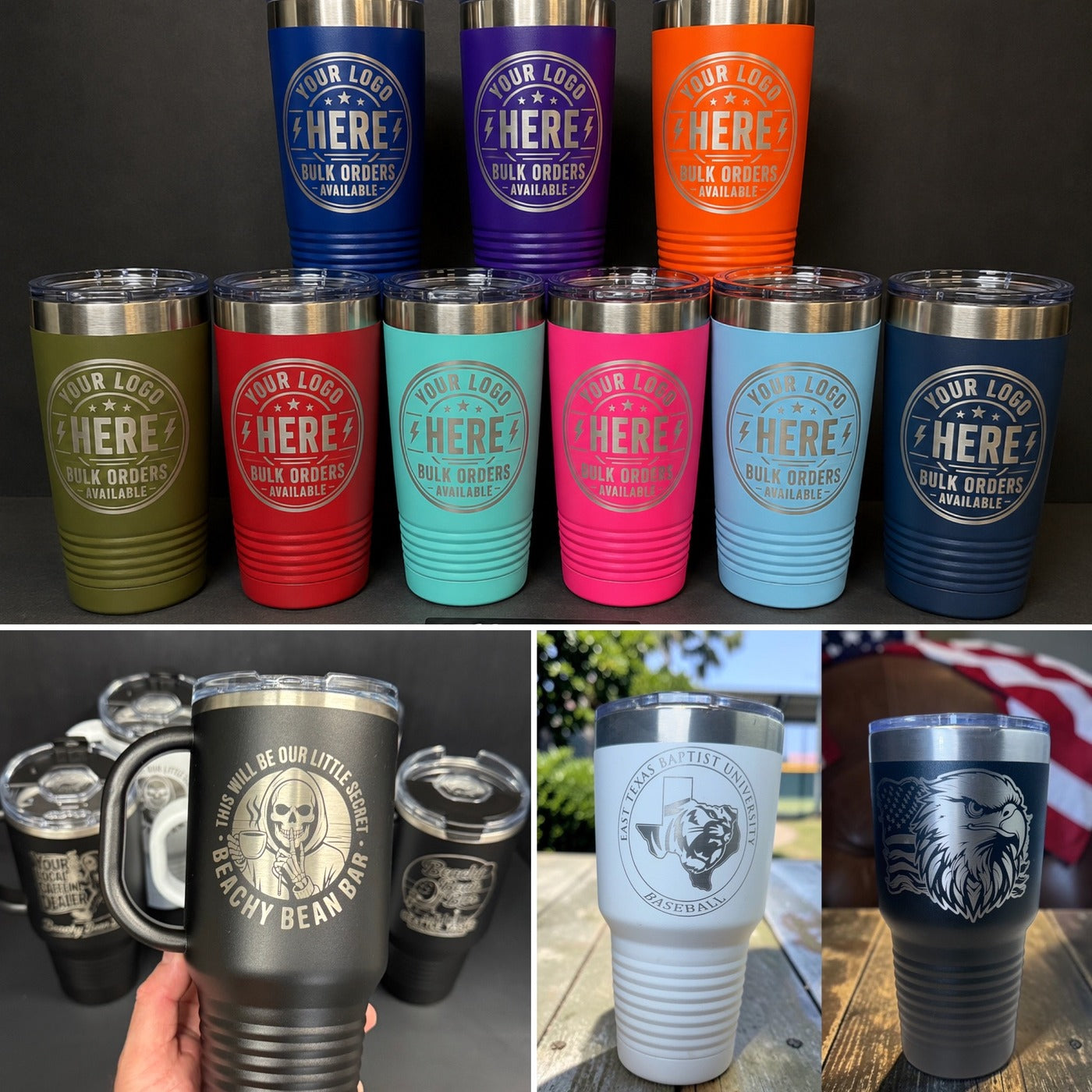 Custom engraved tumblers in multiple colors