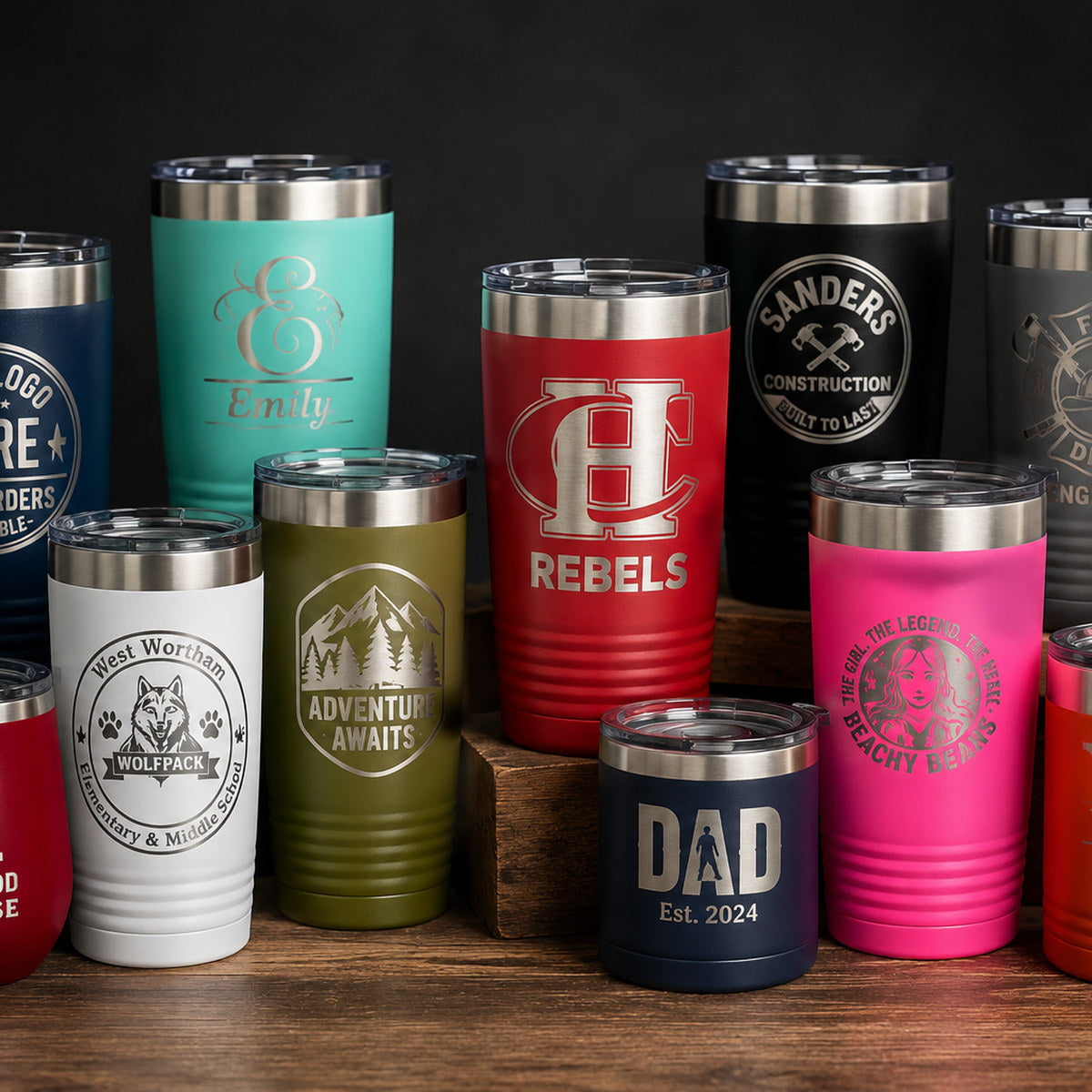 Custom engraved tumblers in multiple colors