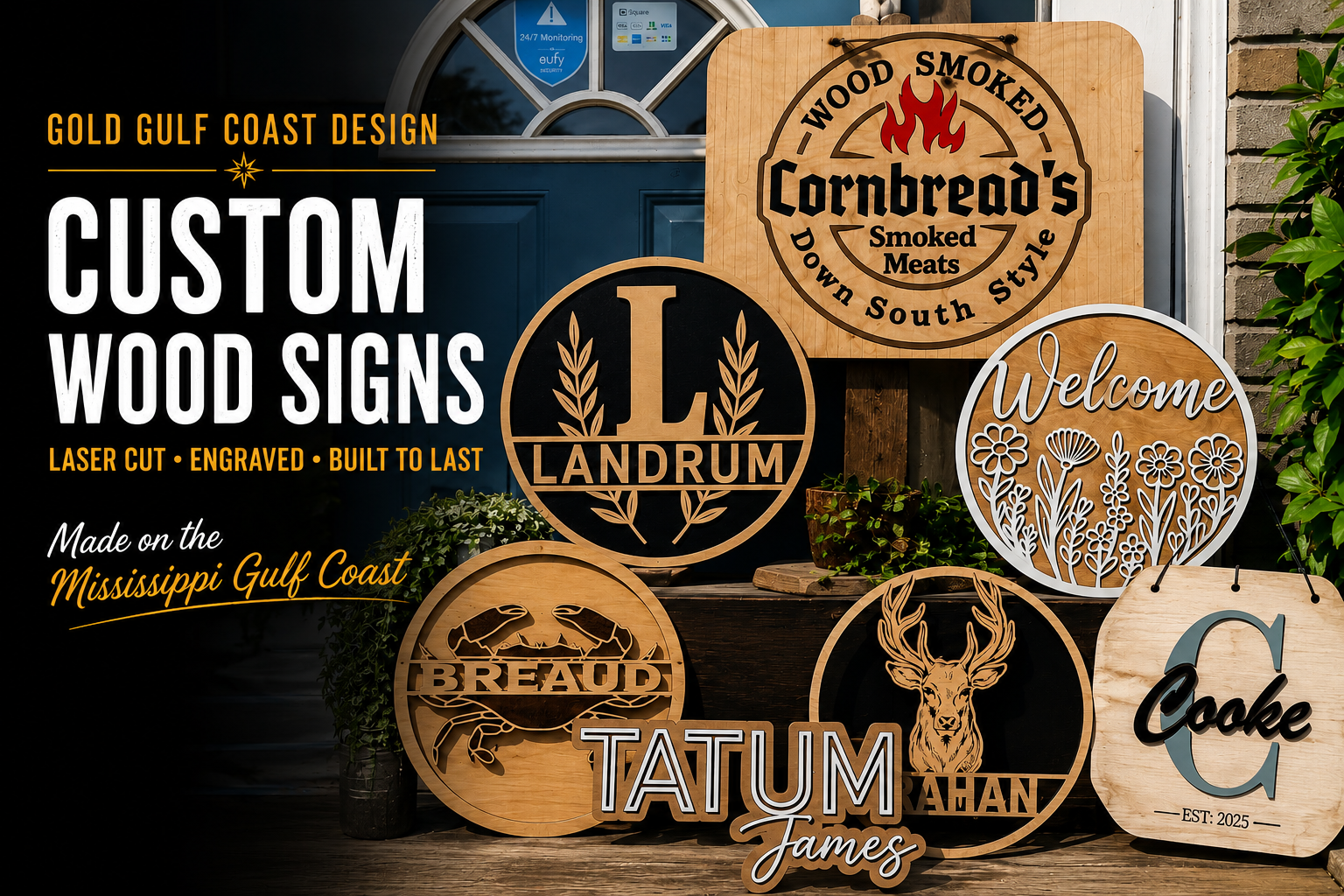 Gold Gulf Coast Design professional custom laser engraving examples with drinkware, gifts, and glassware