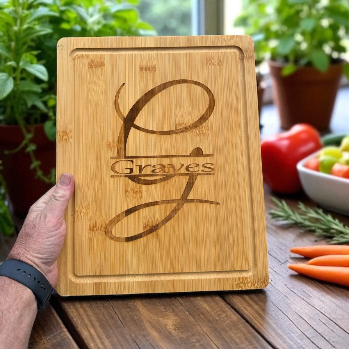 Finished engraved cutting board made by GGCD