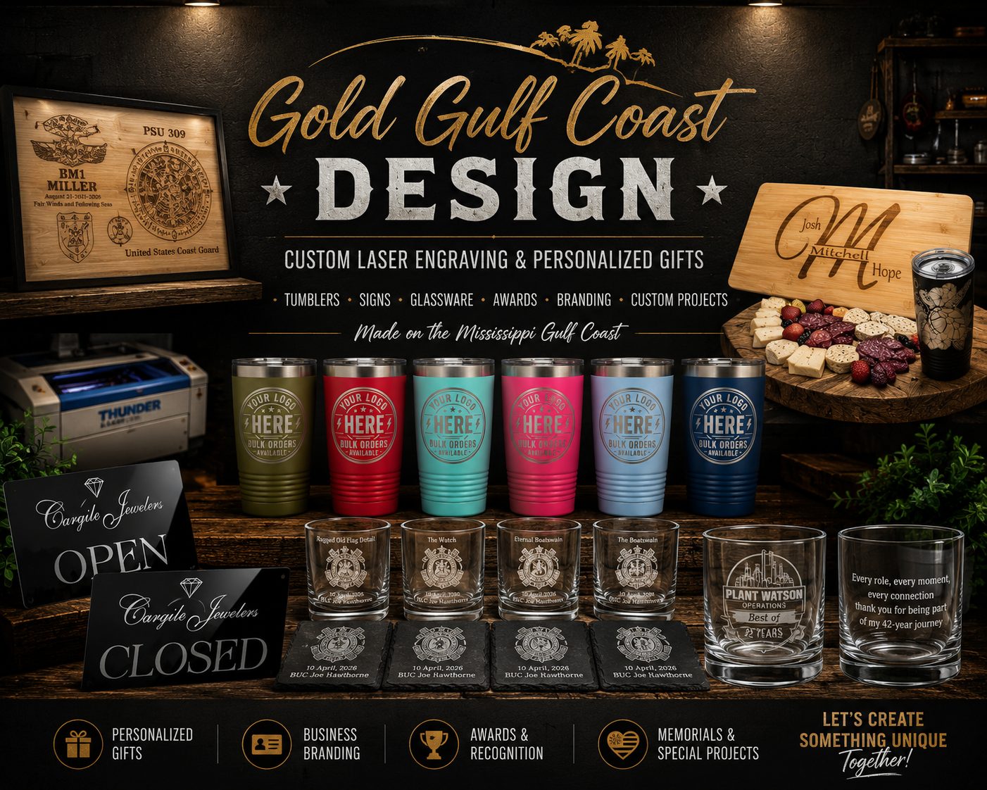 Gold Gulf Coast Design local engraving display