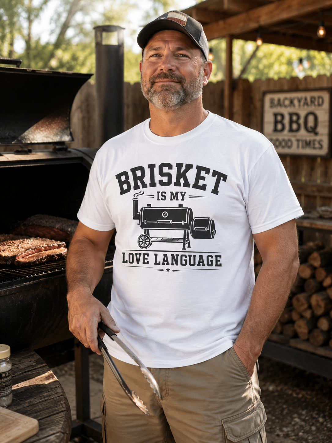 Brisket Is My Love Language Funny T-Shirt at a backyard smoker