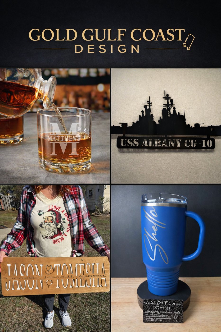 Custom engraving project collage with glassware, signs, apparel, and drinkware