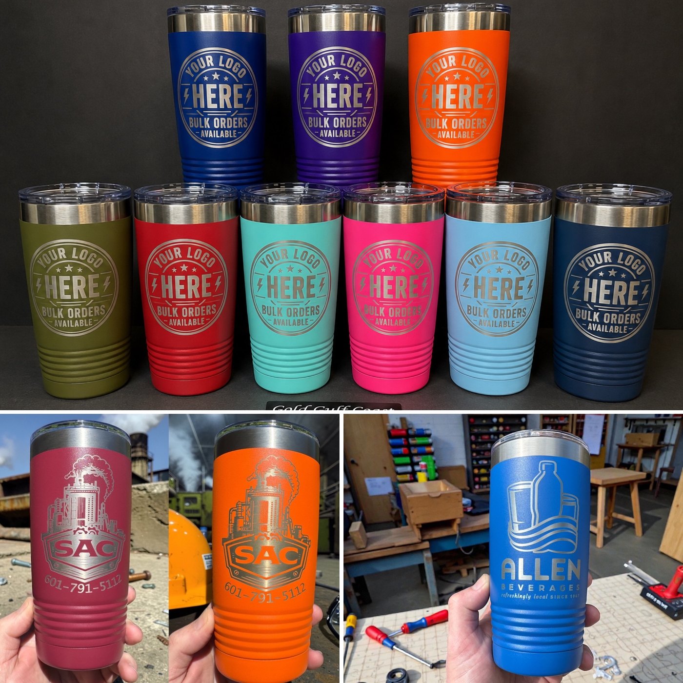 Custom engraved tumblers in multiple colors
