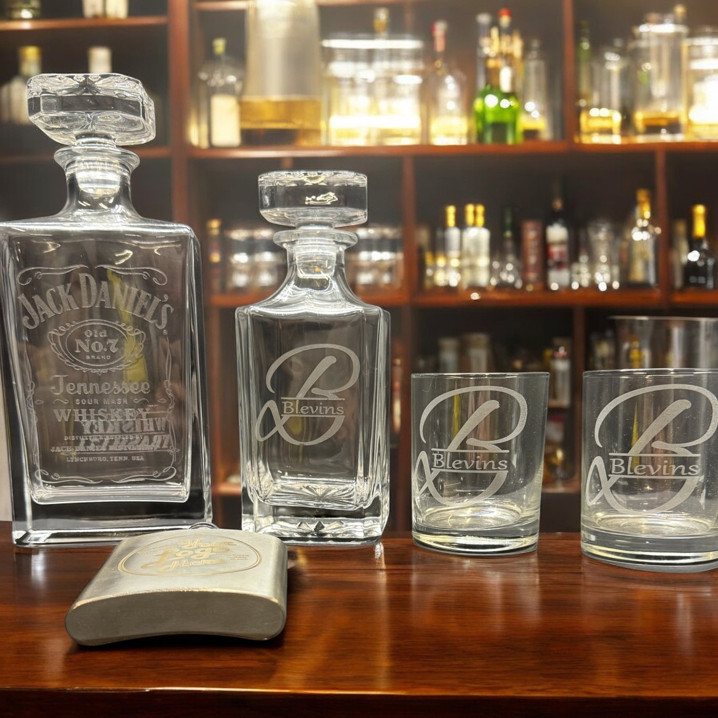 Custom engraved glassware and decanter