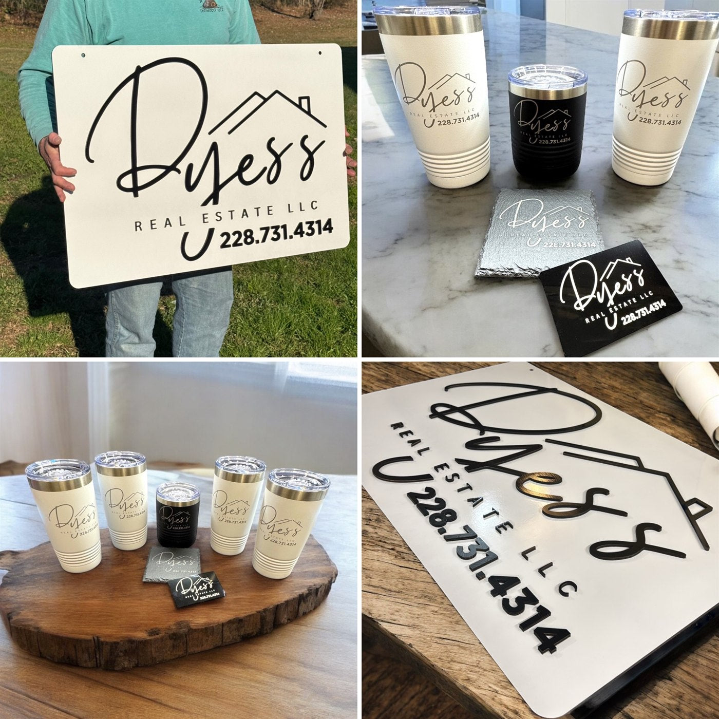 Custom business branding with engraved tumblers, signs, and cards